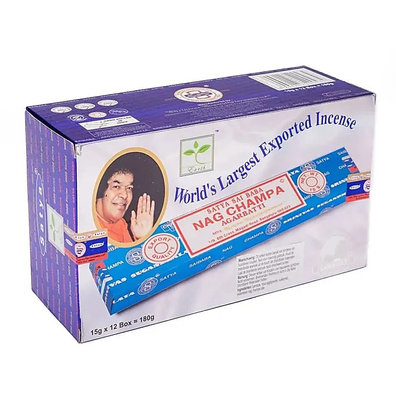 Incenso em bastao Satya Nag Champa Agarbatti 15g, embalagem classica azul