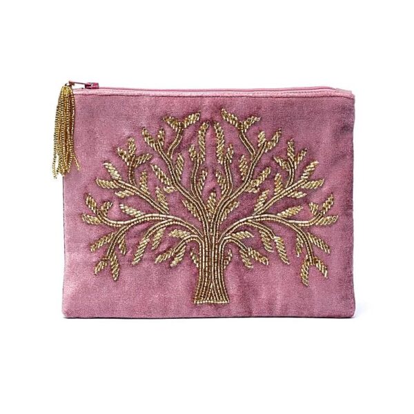Bolsa de veludo rosa com fecho e símbolo da Árvore da Vida 20x15cm