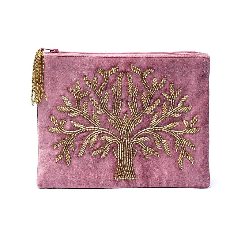 Bolsa de veludo rosa com fecho e símbolo da Árvore da Vida 20x15cm