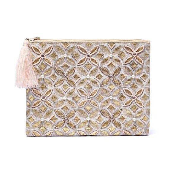 Bolsa em veludo bege e dourado com fecho e Flor da Vida 20x15cm