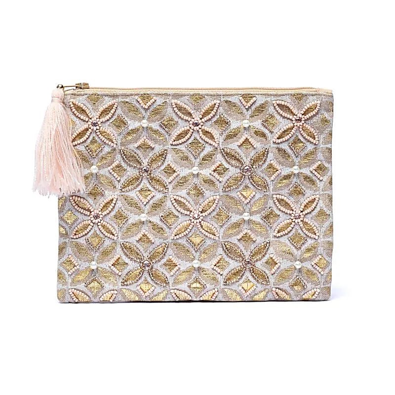 Bolsa em veludo bege e dourado com fecho e Flor da Vida 20x15cm