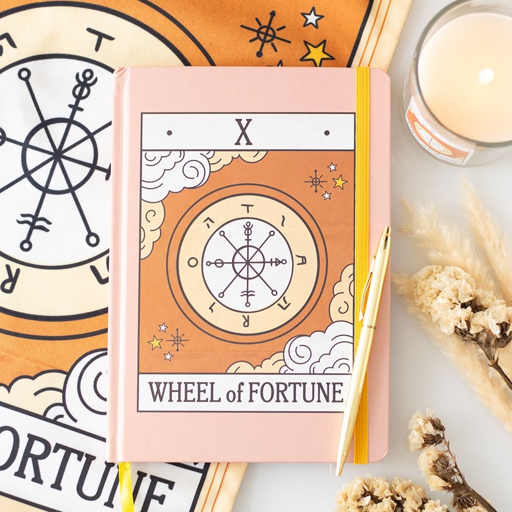 Caderno A5 The Wheel of Fortune Vintage Tarot com ilustração retro da Roda da Fortuna