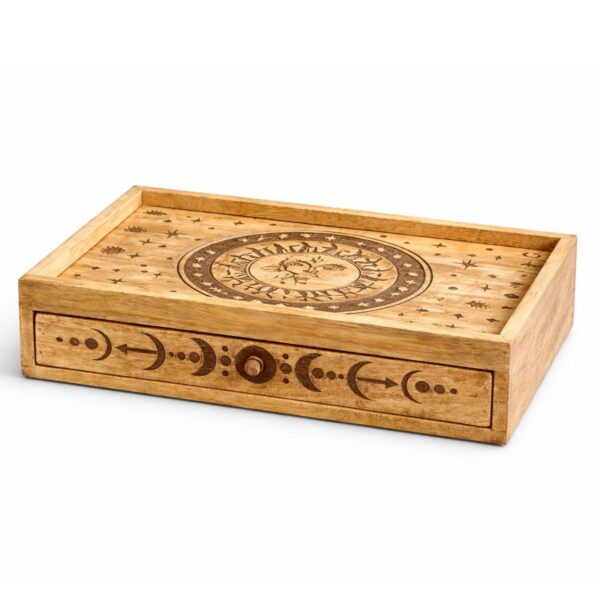 Caixa de madeira para tarot com mecanismo de gaveta deslizante e gravação Sol e Lua, linha TarotB