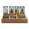 Caixa de madeira pintada de preto para tarot com quatro compartimentos e suporte para exibição de cartas