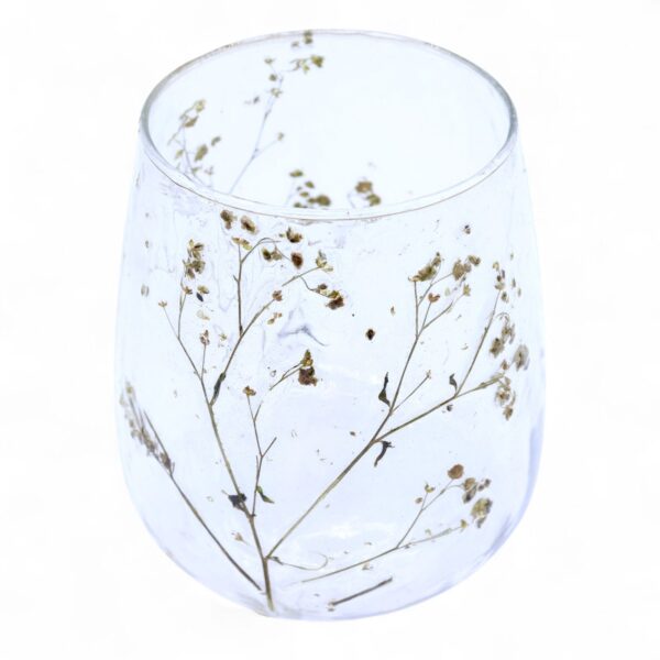 Castiçal de vidro floral em vaso com margaridas naturais prensadas 12x11cm, peça central de altar, Sopro d’Alma