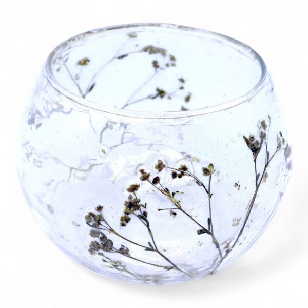 Castiçal de vidro transparente em vaso com margaridas naturais prensadas 8x10cm, Sopro d’Alma