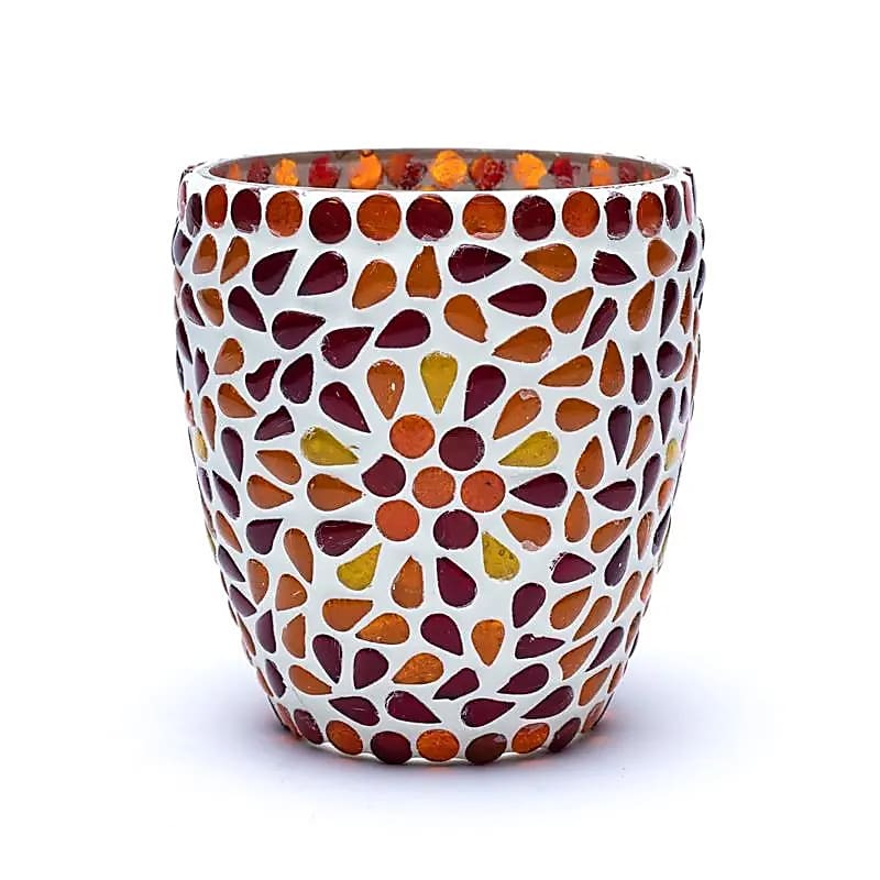 Porta velas em mosaico vermelho e amarelo de 10cm para vela de cha
