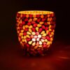 Porta velas em mosaico vermelho e amarelo de 10cm para vela de cha