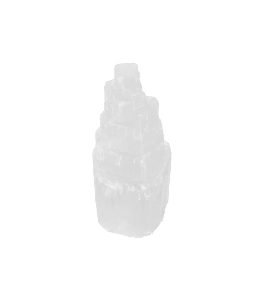 Monolito de selenite natural de 10cm com brilho translucido prateado