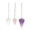 Pack 3 pêndulos facetados 3cm, ametista, quartzo rosa e quartzo cristal, para iniciação em radiestesia, Sopro d’Alma