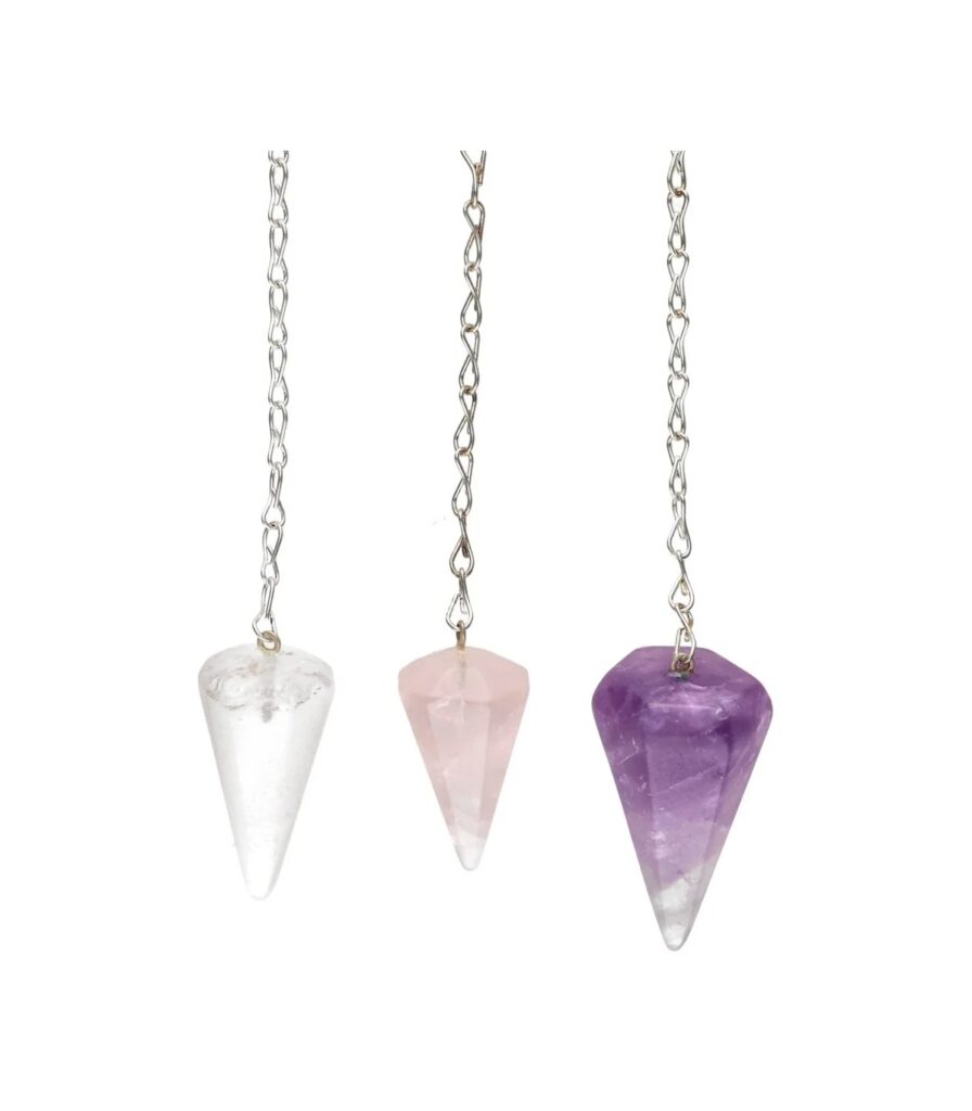 Pack 3 pêndulos facetados 3cm, ametista, quartzo rosa e quartzo cristal, para iniciação em radiestesia, Sopro d’Alma