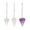 Pack 3 pêndulos facetados 3cm, ametista, quartzo rosa e quartzo cristal, para iniciação em radiestesia, Sopro d’Alma