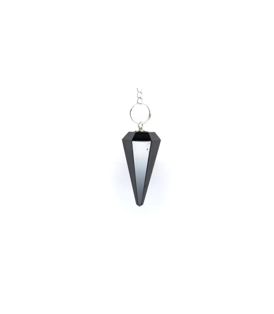 Pêndulo cónico de hematite facetada cinza-prateada, 4 cm, para radiestesia e ancoragem ao plano físico, Sopro d’Alma