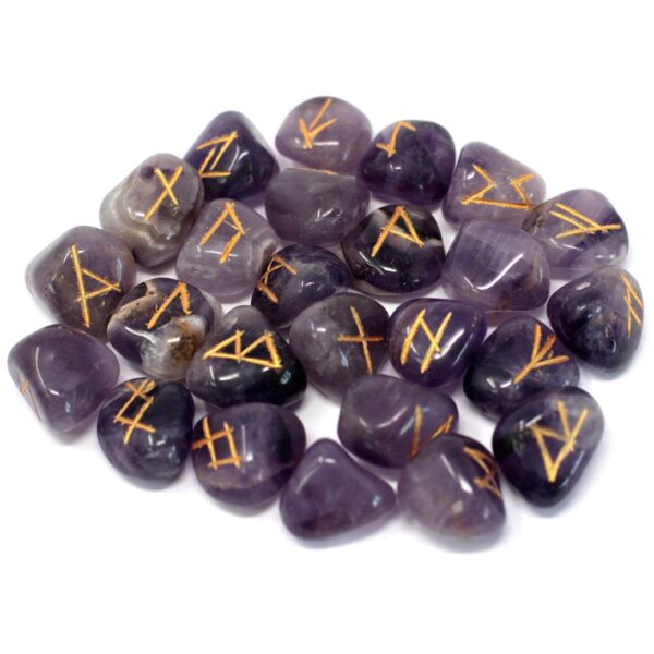 Set completo de 25 runas do Futhark Antigo gravadas em ametista natural com bolsa de armazenamento, Sopro d’Alma