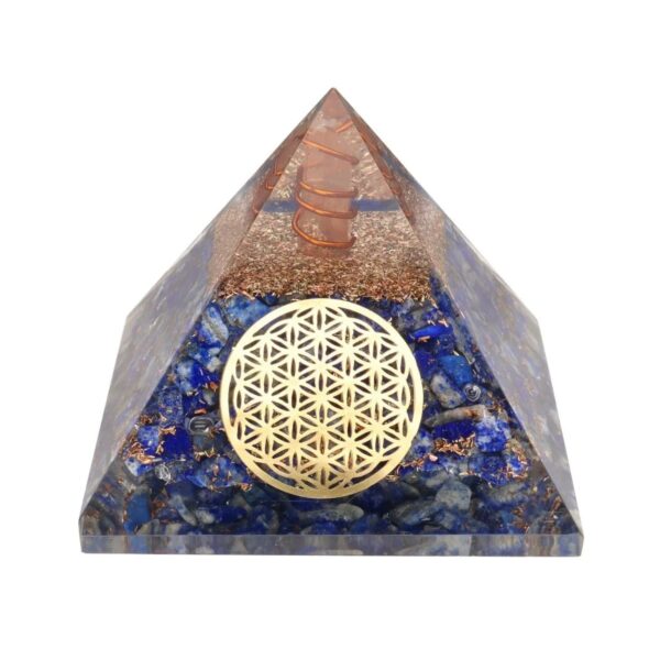 Pirâmide de orgonite com lápis-lazúli azul e Flor da Vida gravada, 7x7 cm, para sabedoria e clareza espiritual, Sopro d’Alma