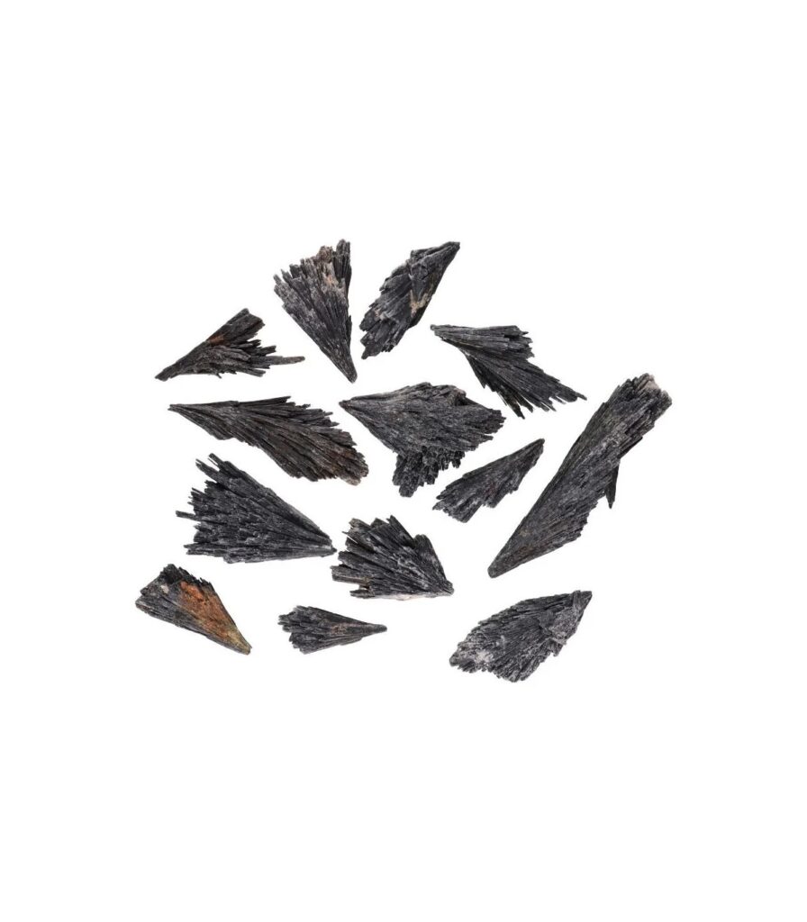 Cianite preta em bruto vassoura de bruxa 5-7cm, estrutura em leque de lâminas paralelas, Sopro d’Alma
