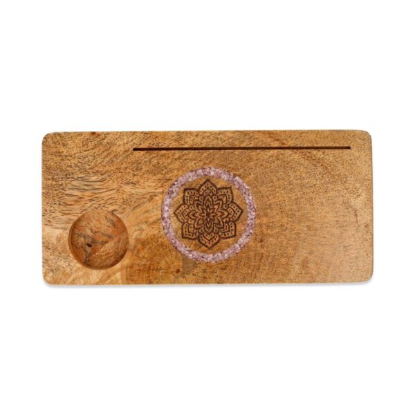 Suporte de cartas em madeira de mangueira com mandala e quartzo rosa incrustado
