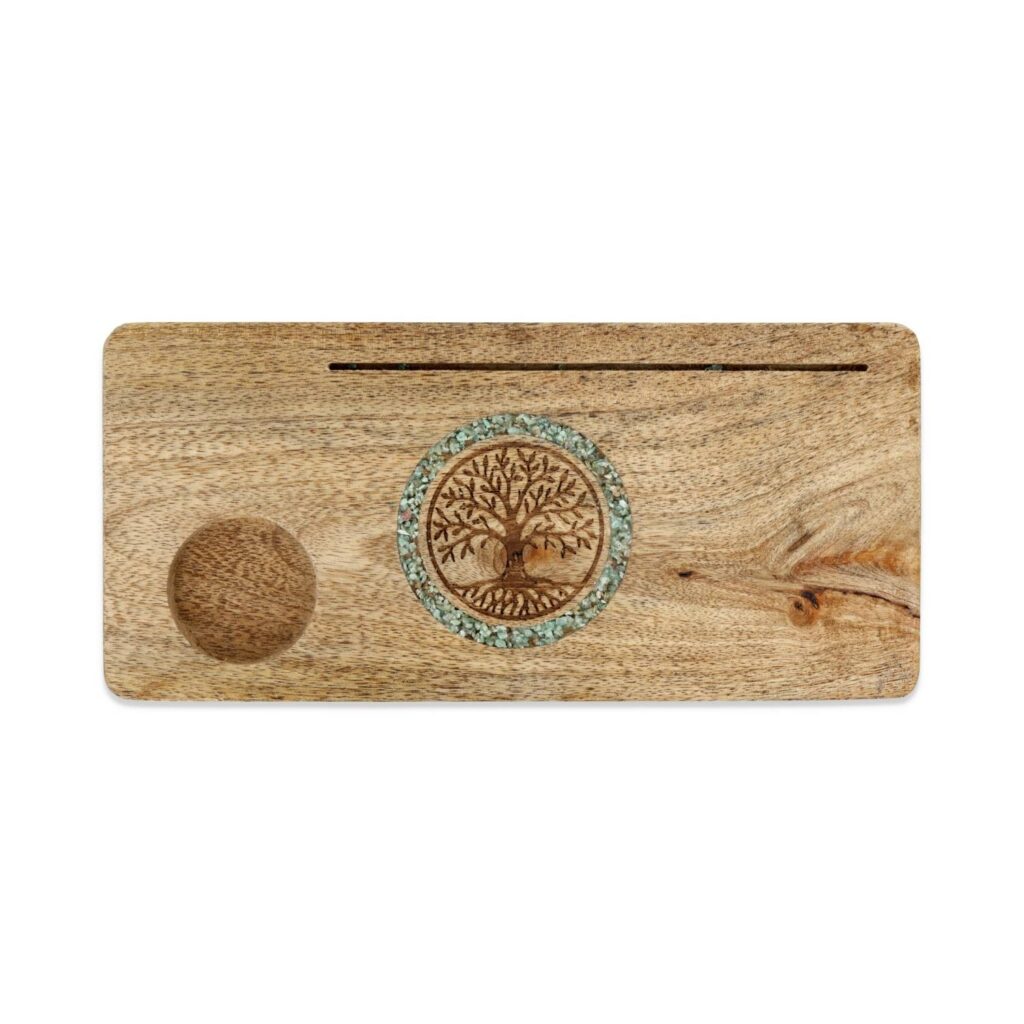 Suporte de cartas em madeira de mangueira com Árvore da Vida e amazonita incrustada