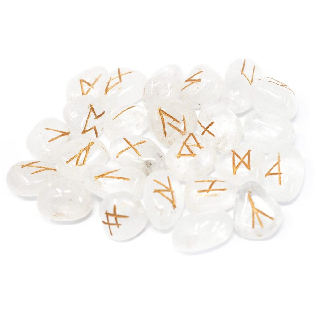 Set de 25 runas em cristal de quartzo claro com símbolos Futhark Antigo gravados e bolsa, Sopro d’Alma