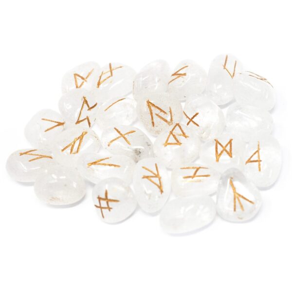 Set de 25 runas em cristal de quartzo claro com símbolos Futhark Antigo gravados e bolsa, Sopro d’Alma